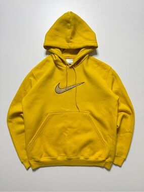 Vintage Nike Centre Terry Towel Swoosh Hoody Mens Small Yellow Relaxed Boxy Y2K